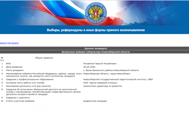 Первый кандидат на пост губернатора Новосибирской области подал документы в избирком
