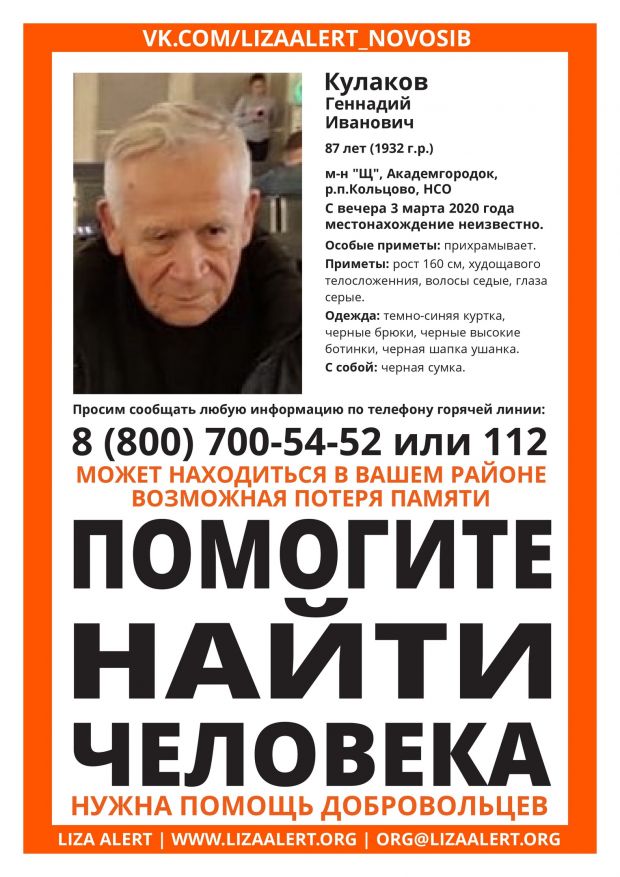 В Новосибирске продолжаются поиски пропавшего Геннадия Кулакова